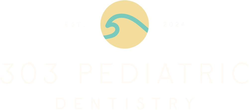 The image displays a graphic with text elements, including a logo with the number  303  and the word  PEDiatric,  followed by  dentistry.  Below this, there s an emblem that reads  est. 2021.  The background is monochromatic, featuring shades of brown and beige, with a stylized sun graphic on the left side. The overall style appears to be modern and minimalistic.